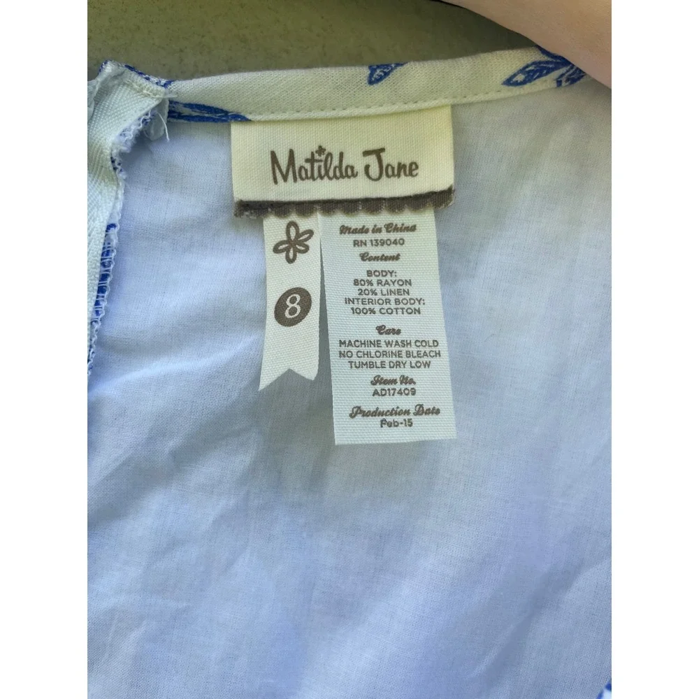 Matilda Jane Womens Blue White Floral Toile Linen Blend Dress Size 8 AD17409